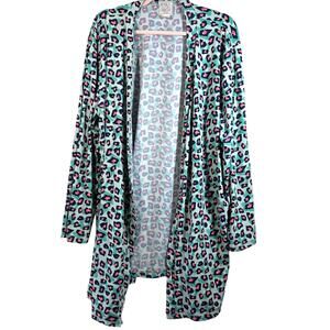 MENTALLY EXHAUSTED Blue Pink Leopard Print Long Sleeve Cardigan Large